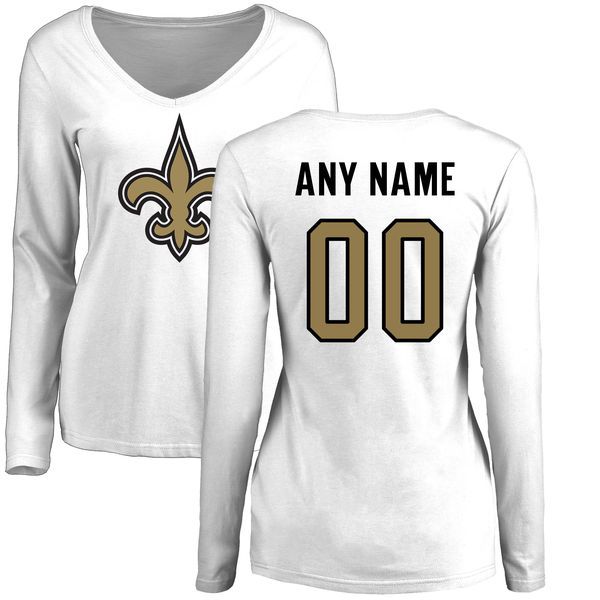 Women New Orleans Saints NFL Pro Line White Custom Name and Number Logo Slim Fit Long Sleeve T-Shirt->->Sports Accessory